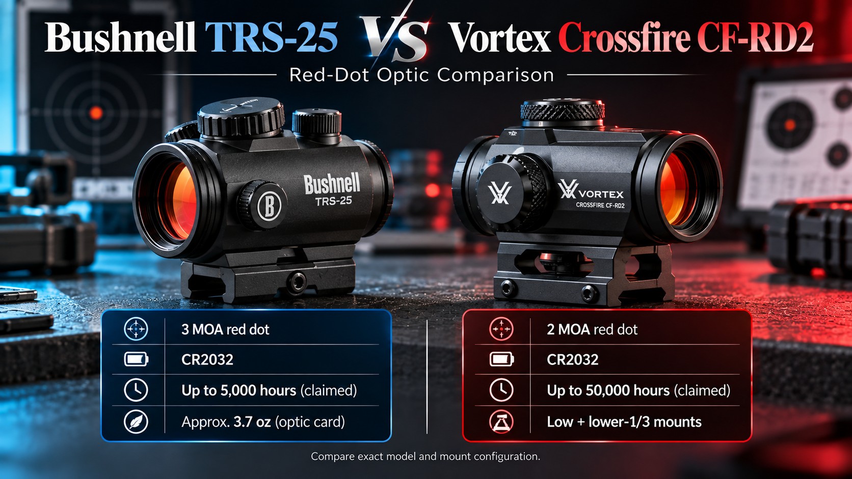 Two red-dot optics, headline Bushnell TRS-25 vs Vortex Crossfire CF-RD2