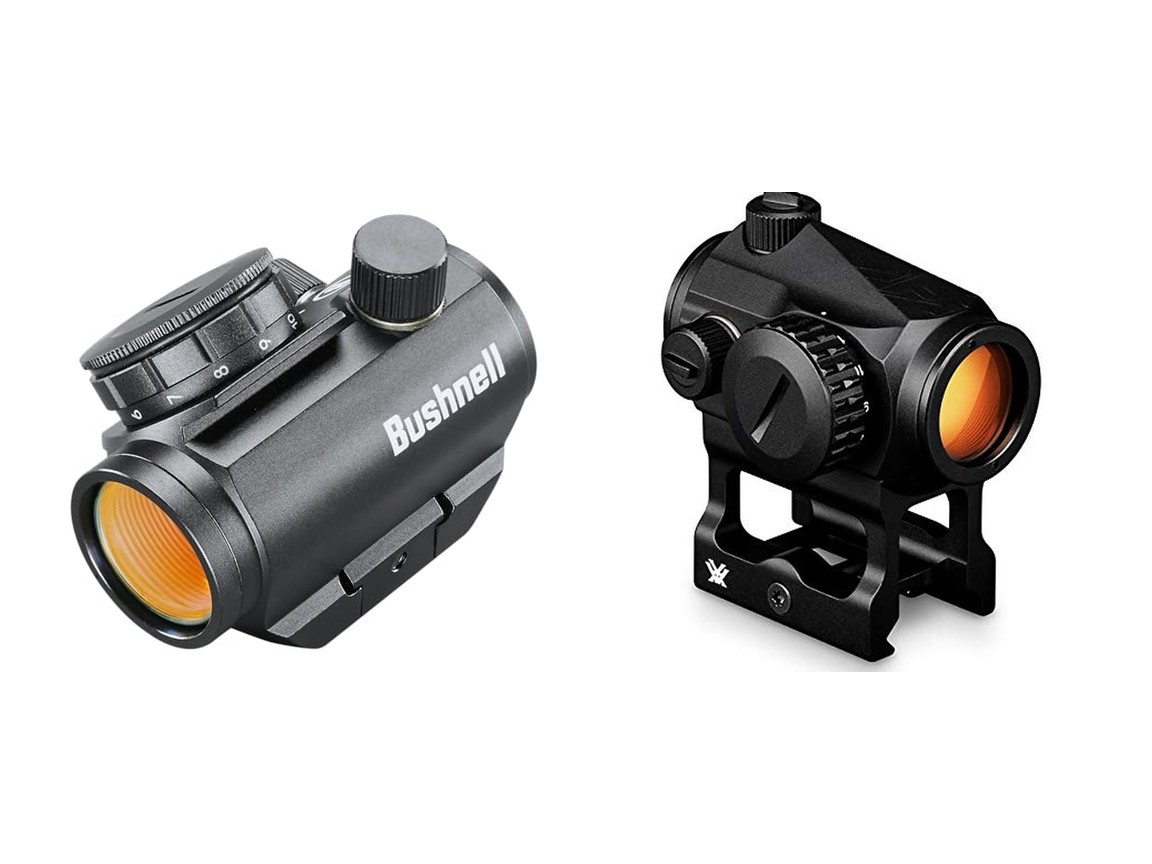 A Bushnell TRS-25 red dot and a Vortex Crossfire red dot on a plain background