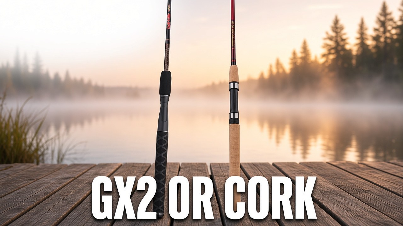 Ugly Stik GX2 spinning rod, model USGXSP662M, beside a cork-handled Cherrywood
