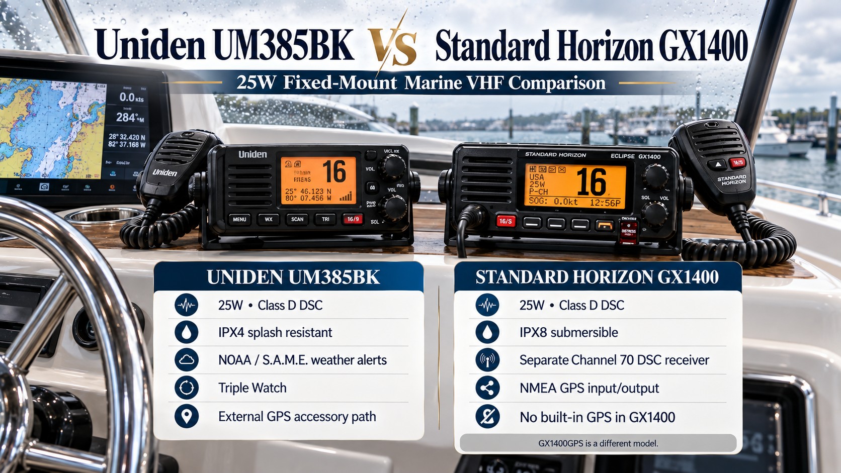 Two fixed-mount marine VHF radios on a helm, headline Uniden UM385BK vs Standard Horizon GX1400