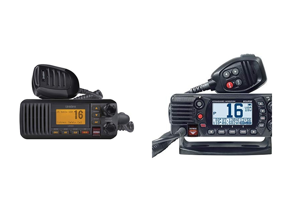 A Uniden UM385BK VHF and a Standard Horizon GX1400 VHF on a plain background