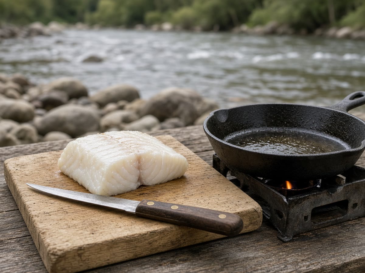 A clean fillet on a board beside a hot skillet. The thin knife came from a tackle shop.