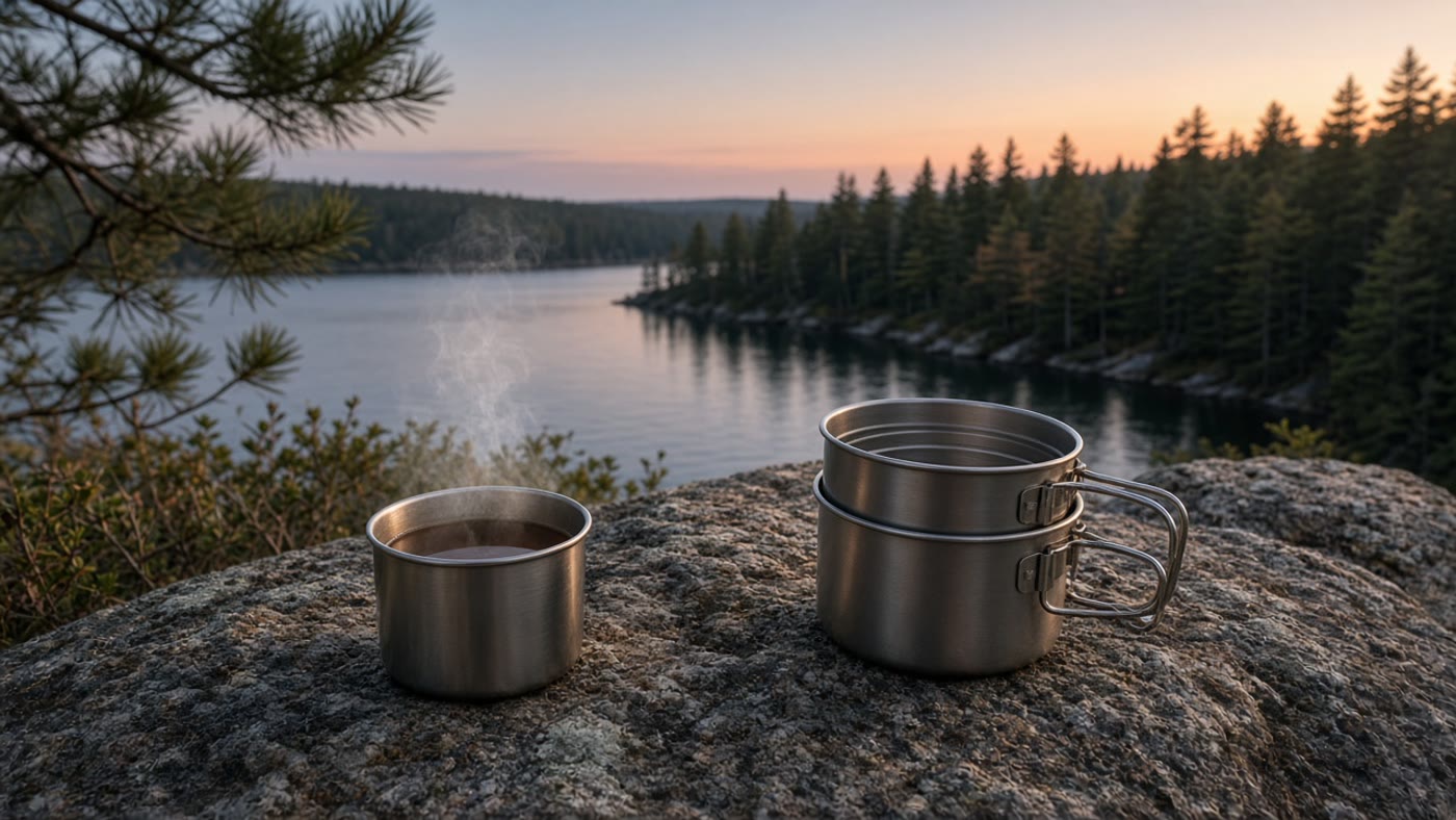 A nesting cup of tea on granite at last light
