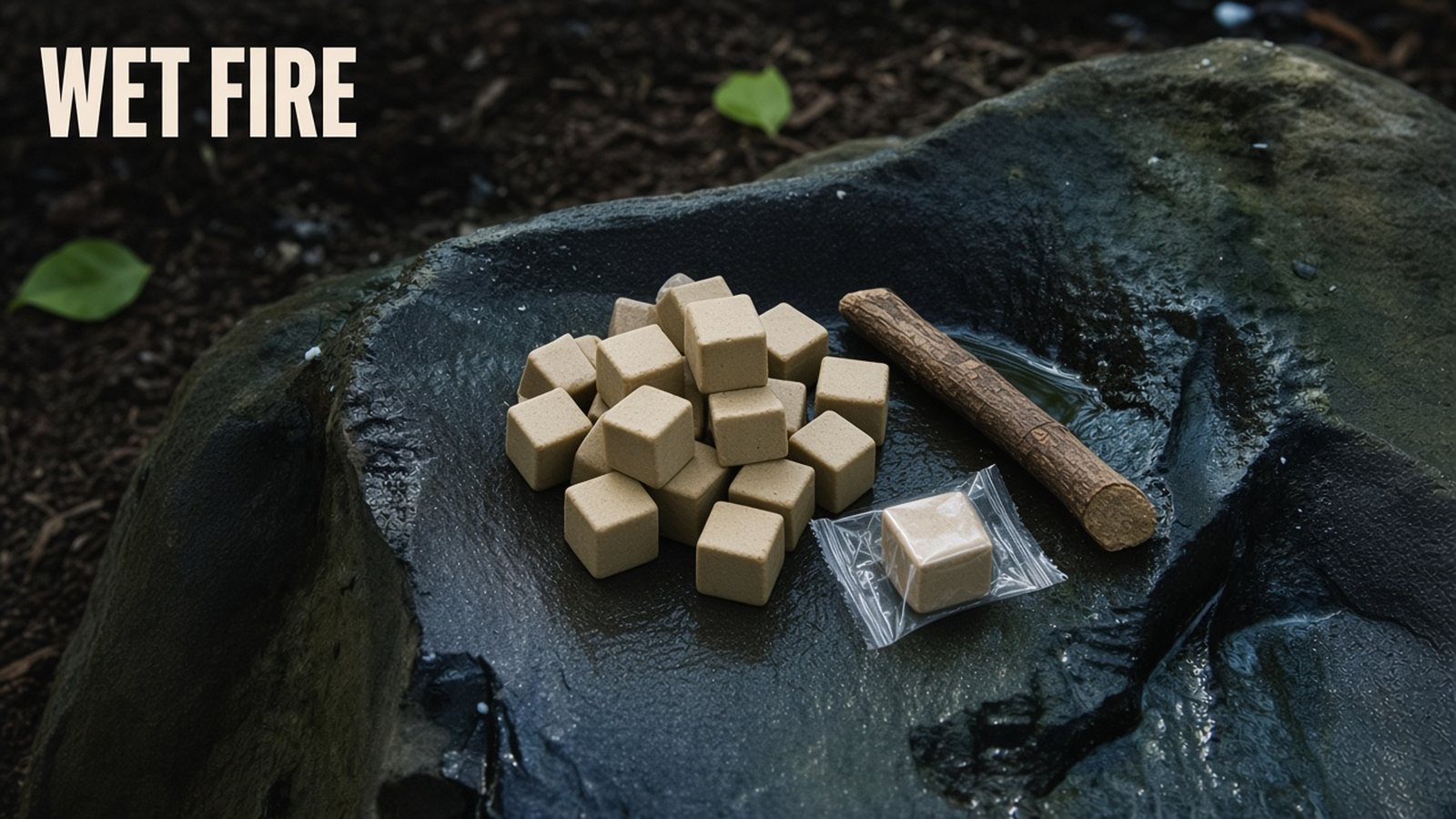 UST WetFire tinder cubes in individual packs, on a magazine cover