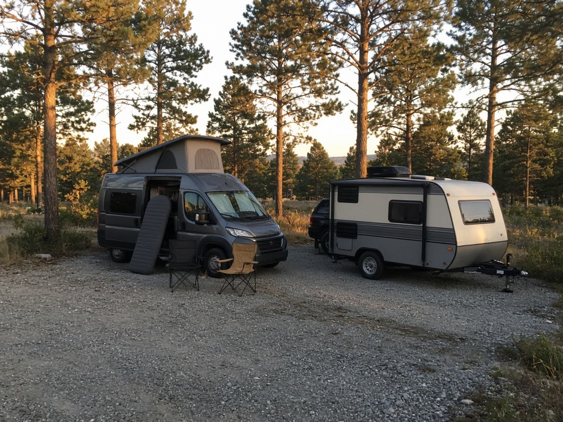 A compact van and a small trailer on the same pad. The body you can retrieve is the one you keep.