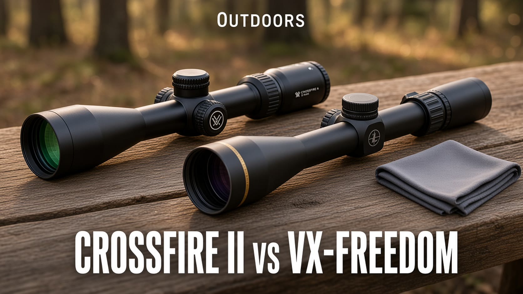 Vortex Crossfire II and Leupold VX-Freedom scopes on a wooden bench, magazine cover headline Crossfire II vs VX-Freedom. No firearm in the frame.