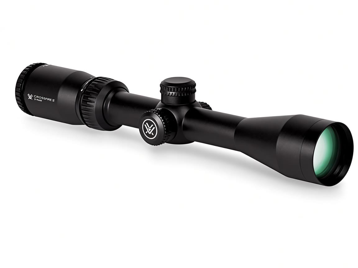 Black Vortex Crossfire II riflescope on a plain background, no firearm in the frame.