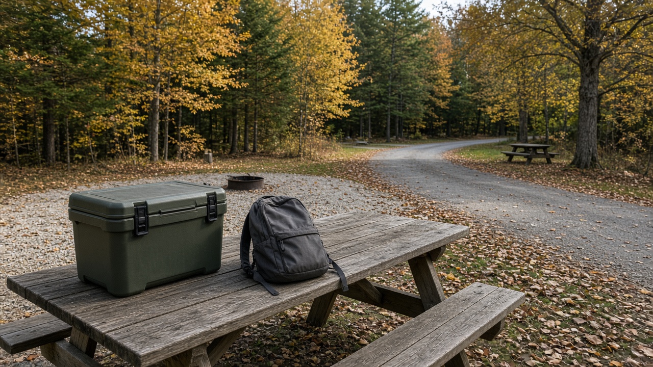 Sunday morning state-park campground after Saturday checkout, gold hardwoods and an empty picnic table