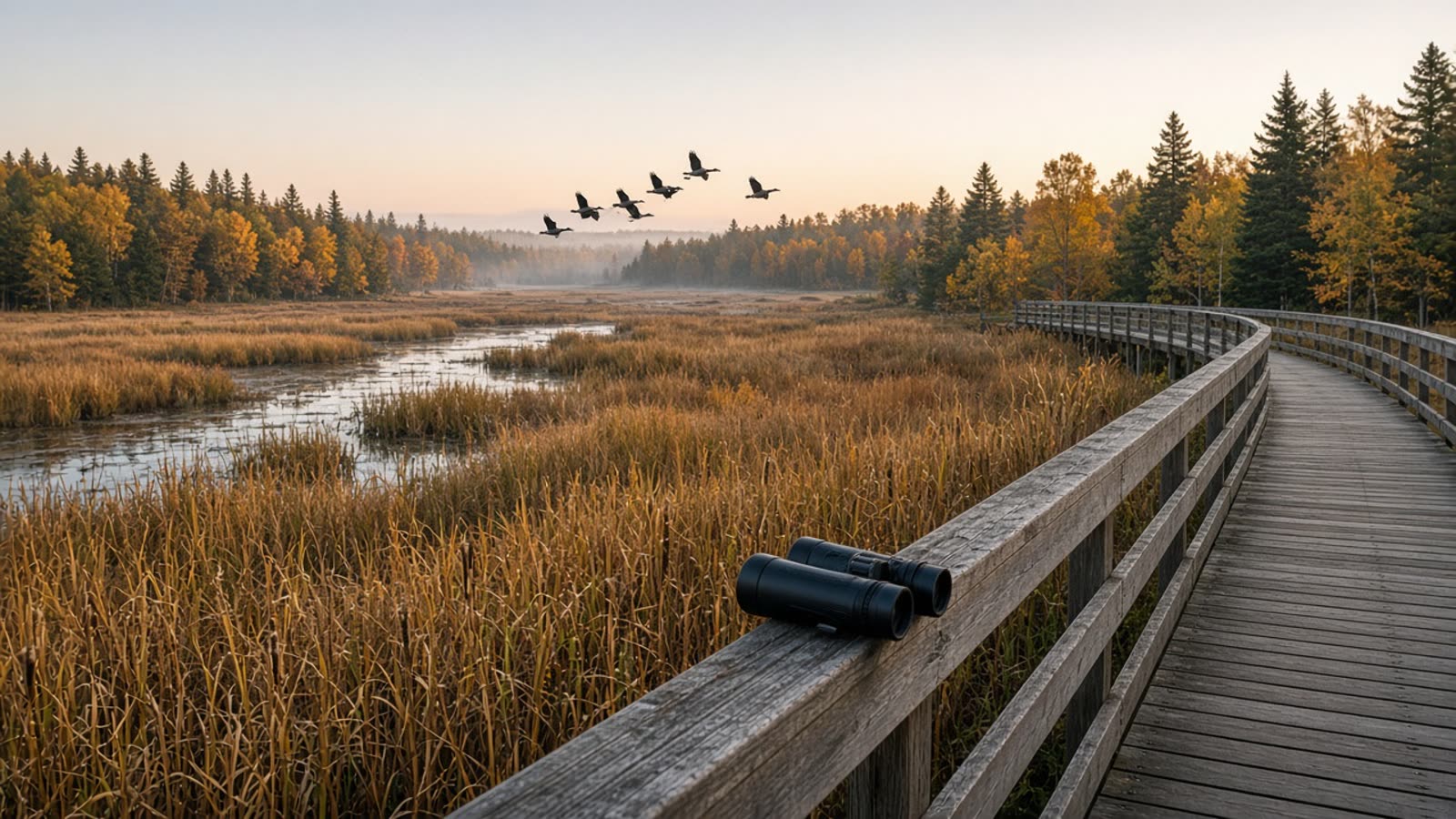 A Tuesday wildlife-refuge boardwalk at first light with binoculars on the railing and geese lifting off