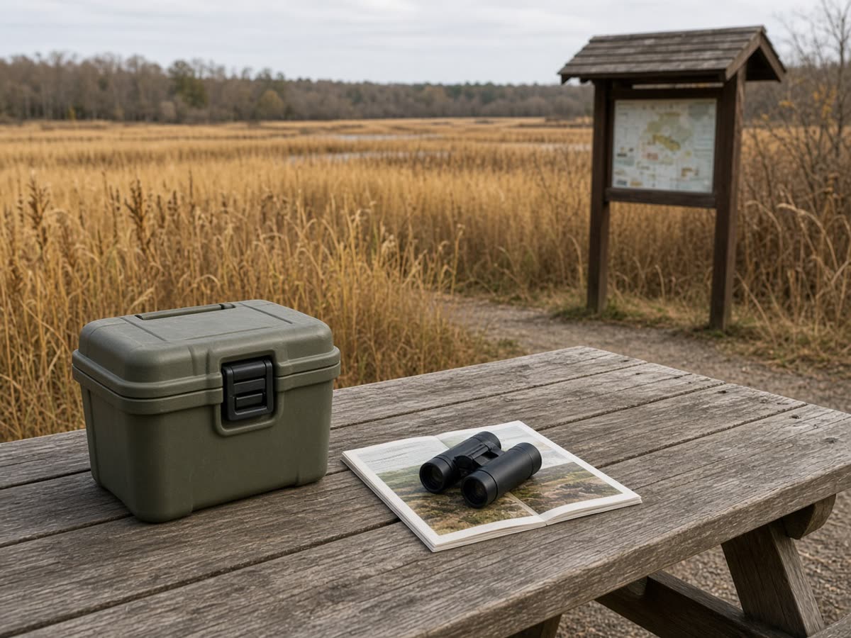 Tuesday refuge picnic table. The cooler stays shut. The guidebook is a brainstorm. The refuge page is the gate.