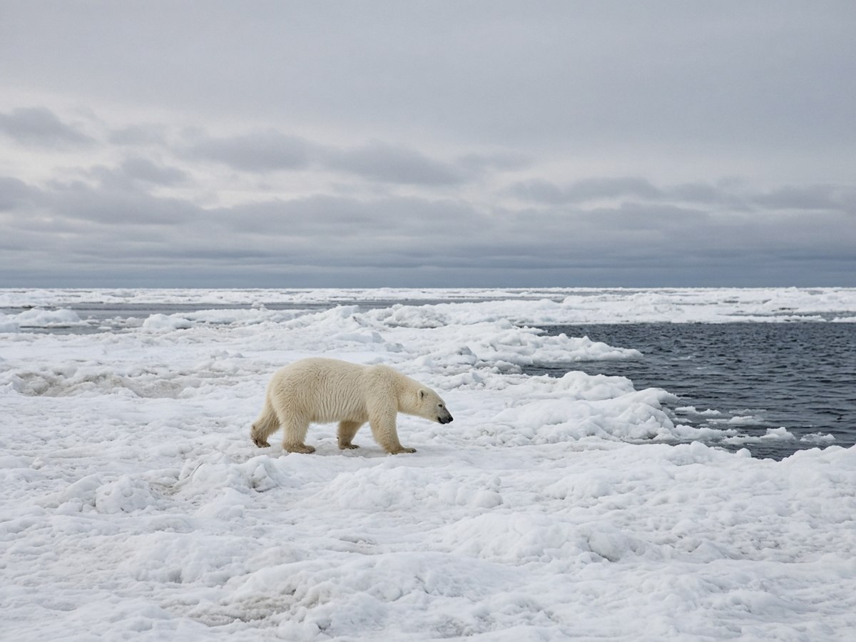 A polar bear walking across arctic sea ice near open water. Responsible viewing means going through regulated operators who keep a genuine, respectful distance.