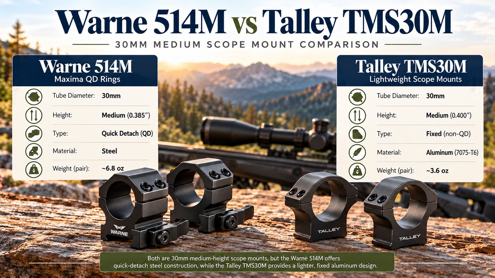 Warne 514M and Talley TMS30M rings, a scoped rifle in the background, poster headline Warne 514M vs Talley TMS30M