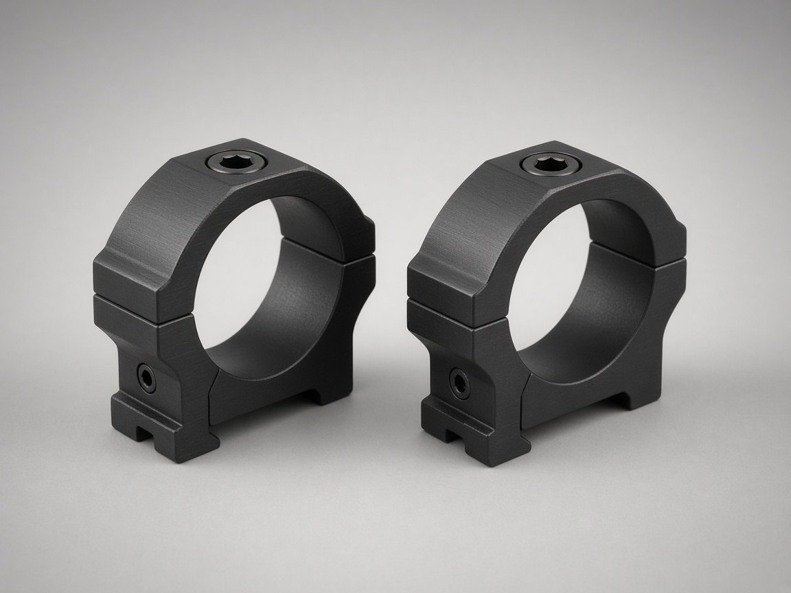 Two black scope rings on a plain background, no firearm in the frame