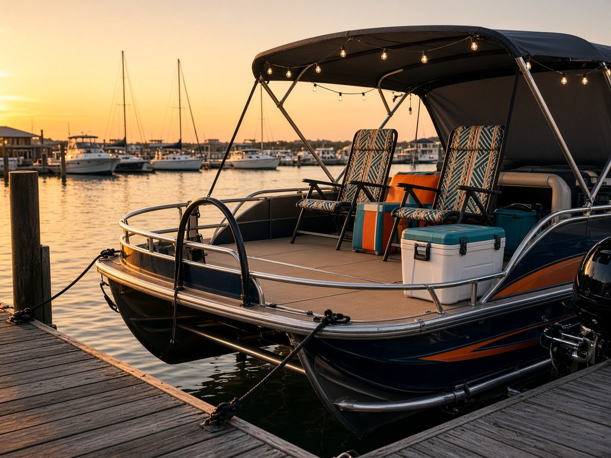 A personalized boat at a marina dock with custom seating and string lights. Small, deliberate choices in the areas you actually touch make the biggest difference.