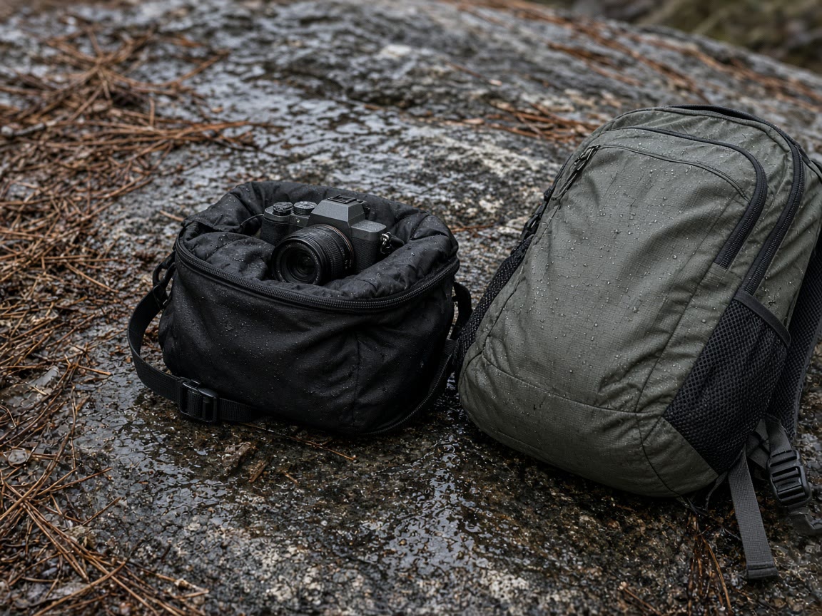 A body in a dry bag next to the daypack. The granite does not care about your lens cap.
