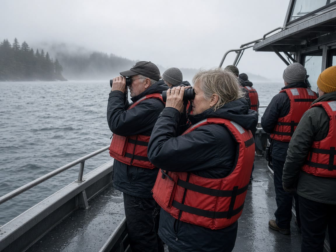 Binoculars on a wet deck, jackets on, fog on the coast. The calf is not a photo assignment.