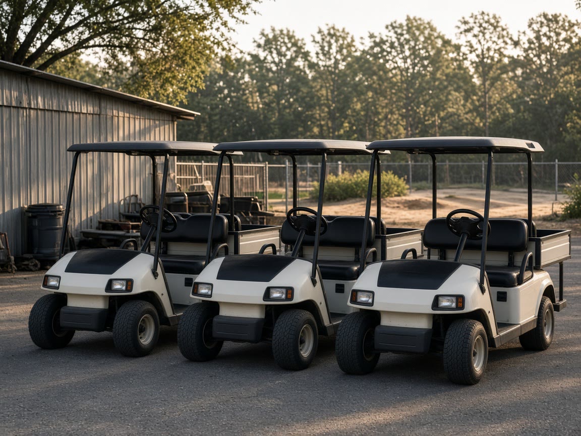 Fleet carts in a morning row. The brand your dealer stocks parts for is the reliable one.