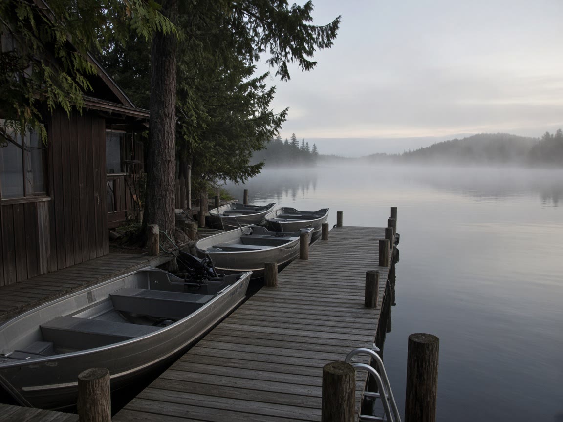 A dock at first light. Breakfast is already plated and the boats are wet.
