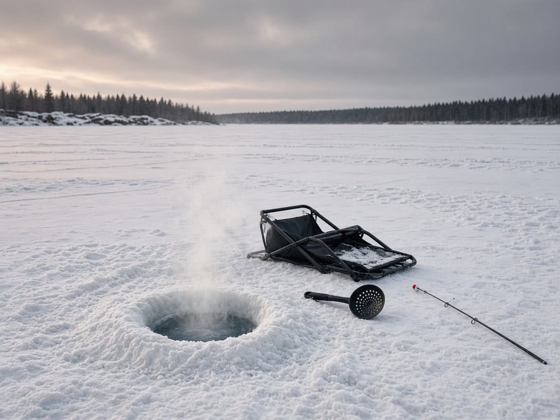 A hole, a scoop, a rod on packed snow. The hut can wait.