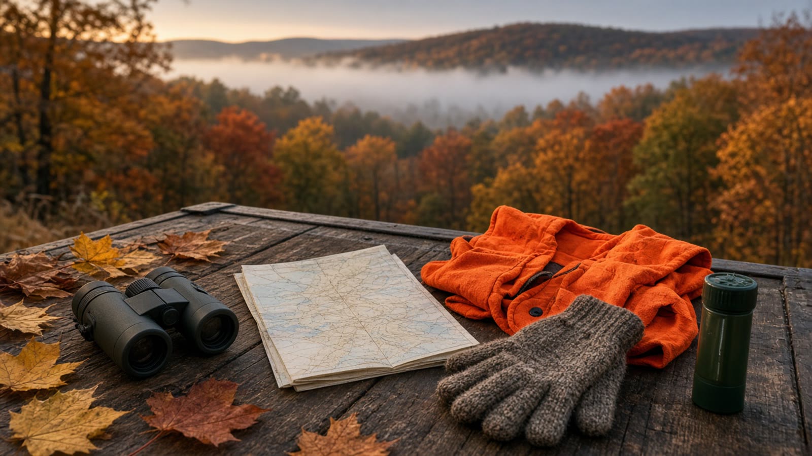 Autumn tailgate with binoculars, a paper map, a blaze-orange vest, gloves, and a green can call.