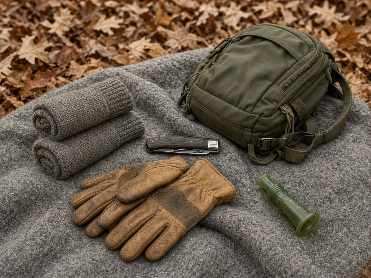 Hunting socks, gloves, a closed folding knife, a pack, and a green can call on a wool blanket.