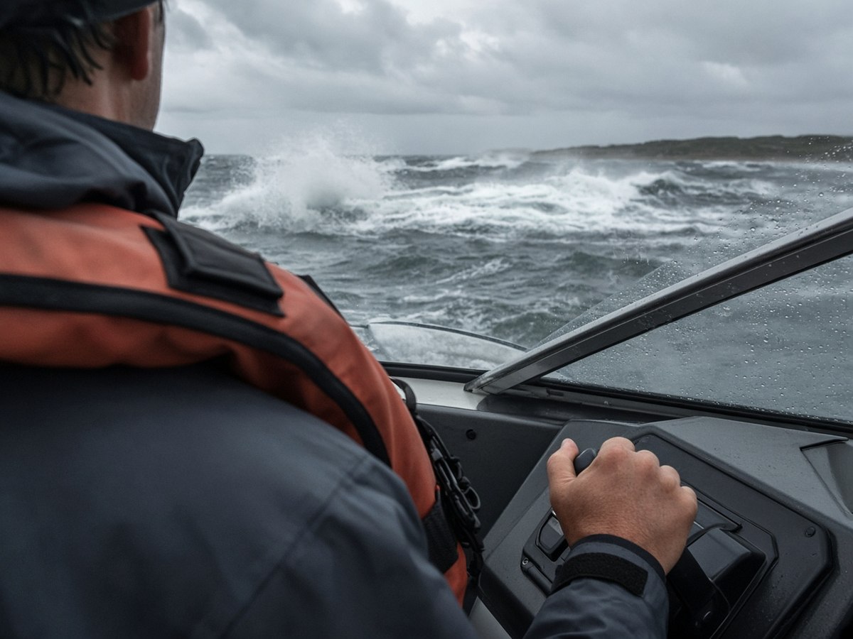 A boat watching breaking waves on a coastal bar from a safe distance. The decision to turn back is made before you commit, not after.