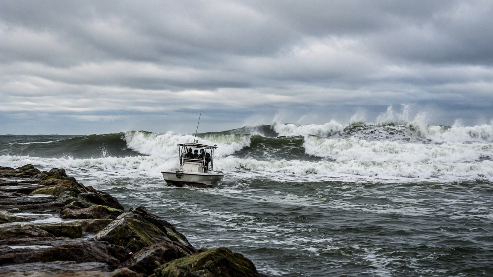 A small boat approaching a rough breaking coastal inlet bar with stacked whitecaps under a moody grey sky