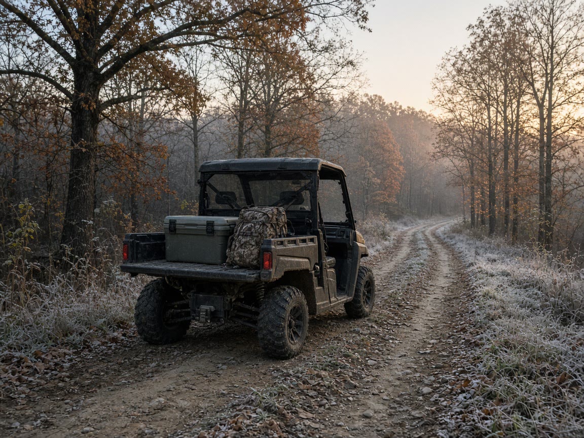 A UTV on a legal two-track, a cooler and a pack in the bed. The meadow is not a road.