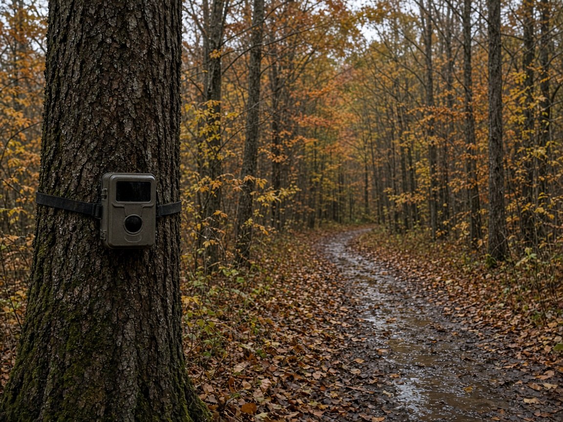 A compact scouting camera on a legal tree. The road can see it. So can a thief.