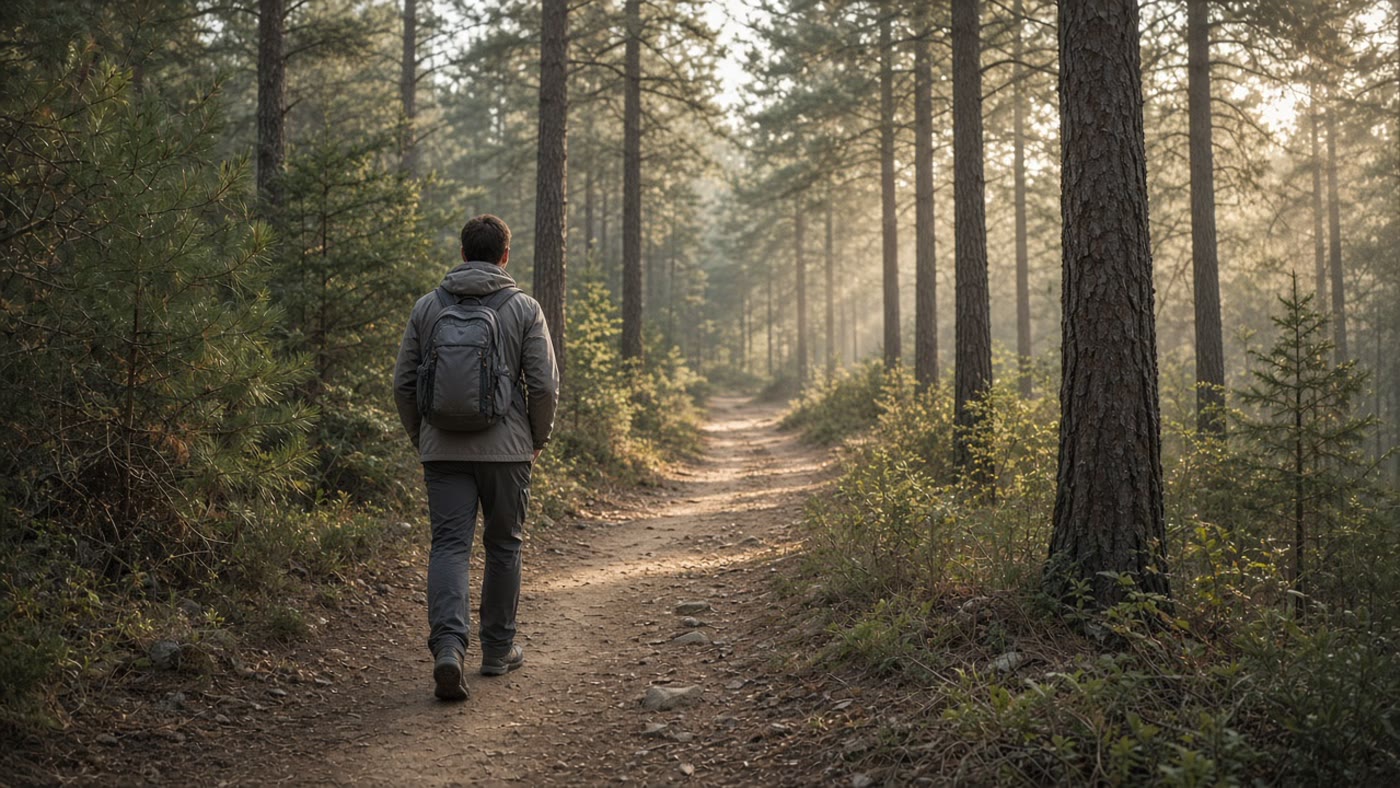 A hiker on an easy pine-forest path