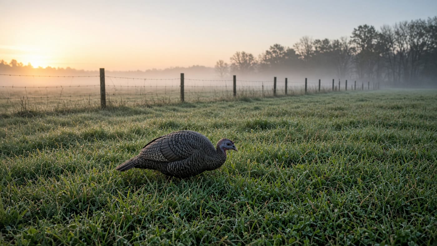 A hen turkey decoy at a field edge at dawn