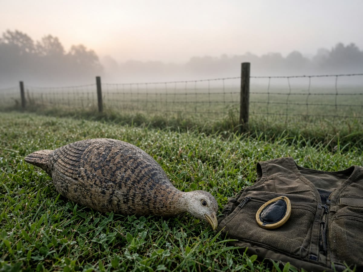 A mouth call and a hen decoy at a field edge. Small spread.