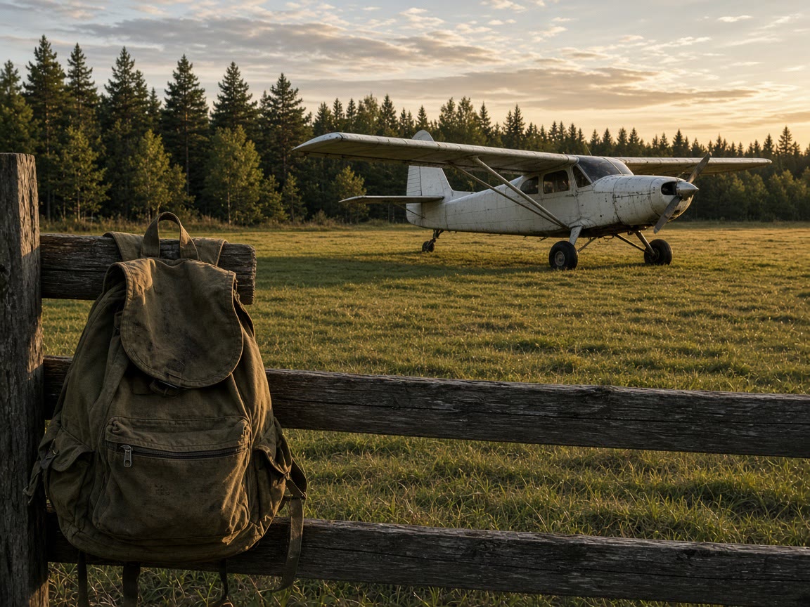 A high-wing on a grass strip, a daypack on the fence. The lesson is a school. The walk after is yours.