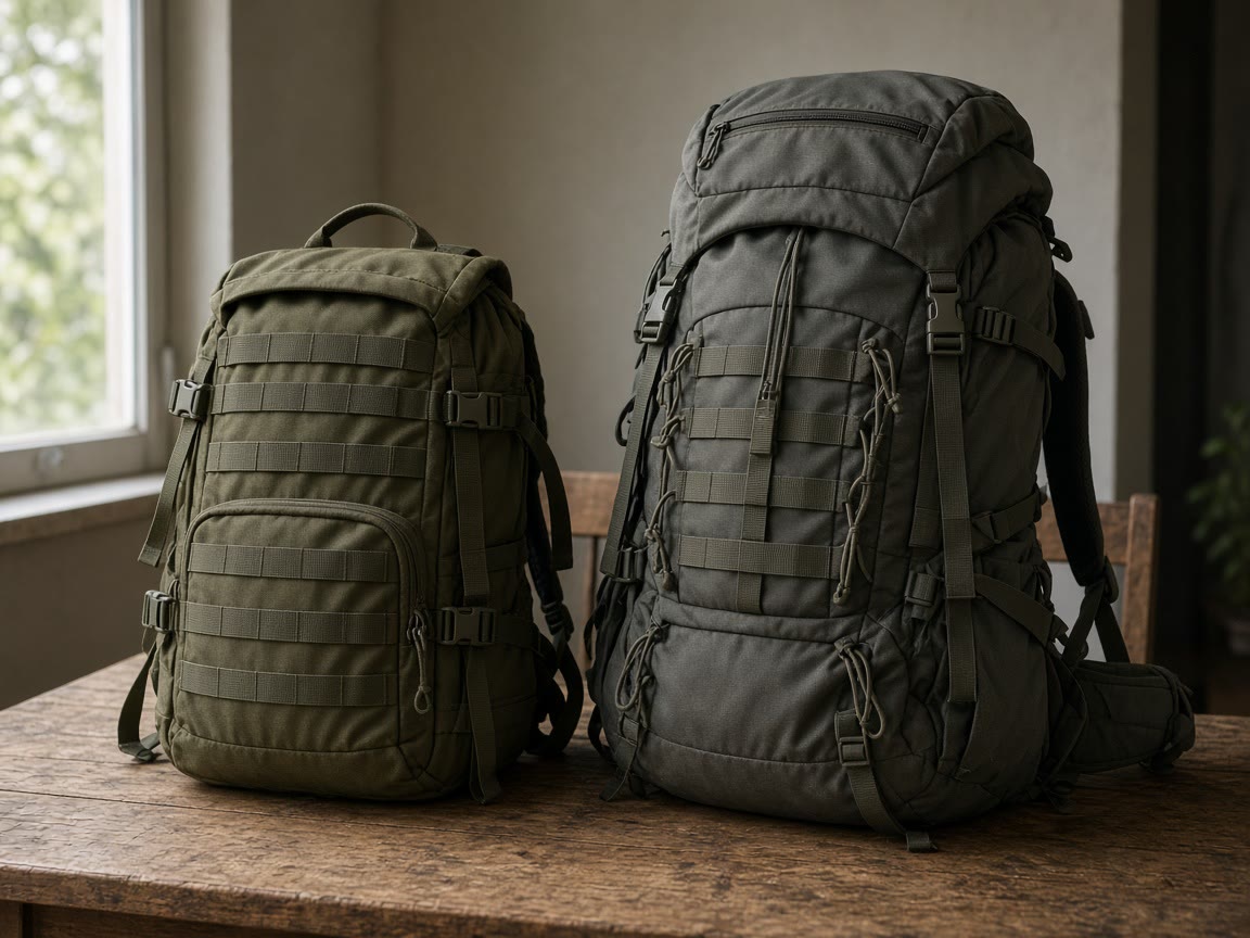 A 23-liter tactical pack and a 50-liter trail pack on a table. Size you will still lift is the pack.