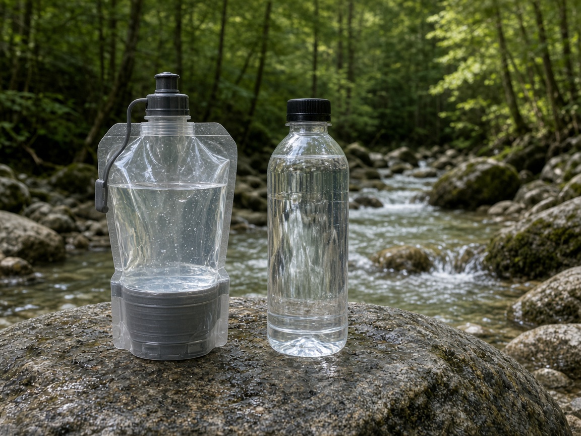 A bottle you will sip from and a filter you have squeezed at a tap. No invented canteen.