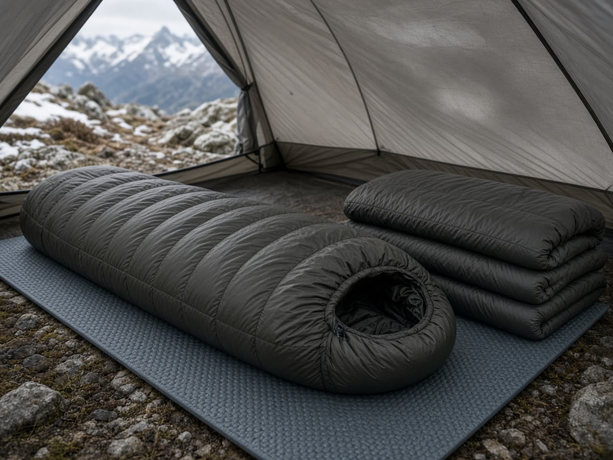 A mummy bag sized to the sleeper, foam underneath. Length is the warmth.