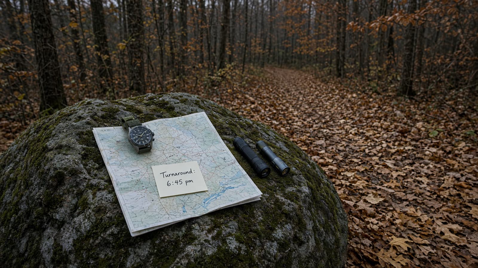 A paper map, watch, and two lights on a mossy boulder as equinox dusk buries the trail in gold leaves