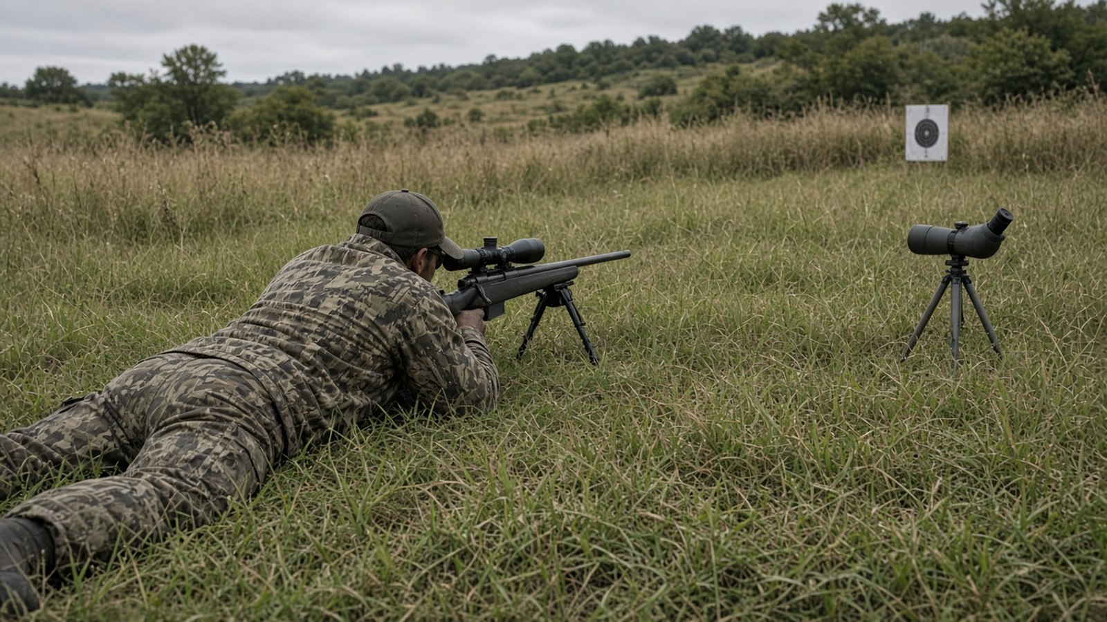 A hunter in the prone position sighting in a bolt-action rifle with a bipod, no shooting bench in sight